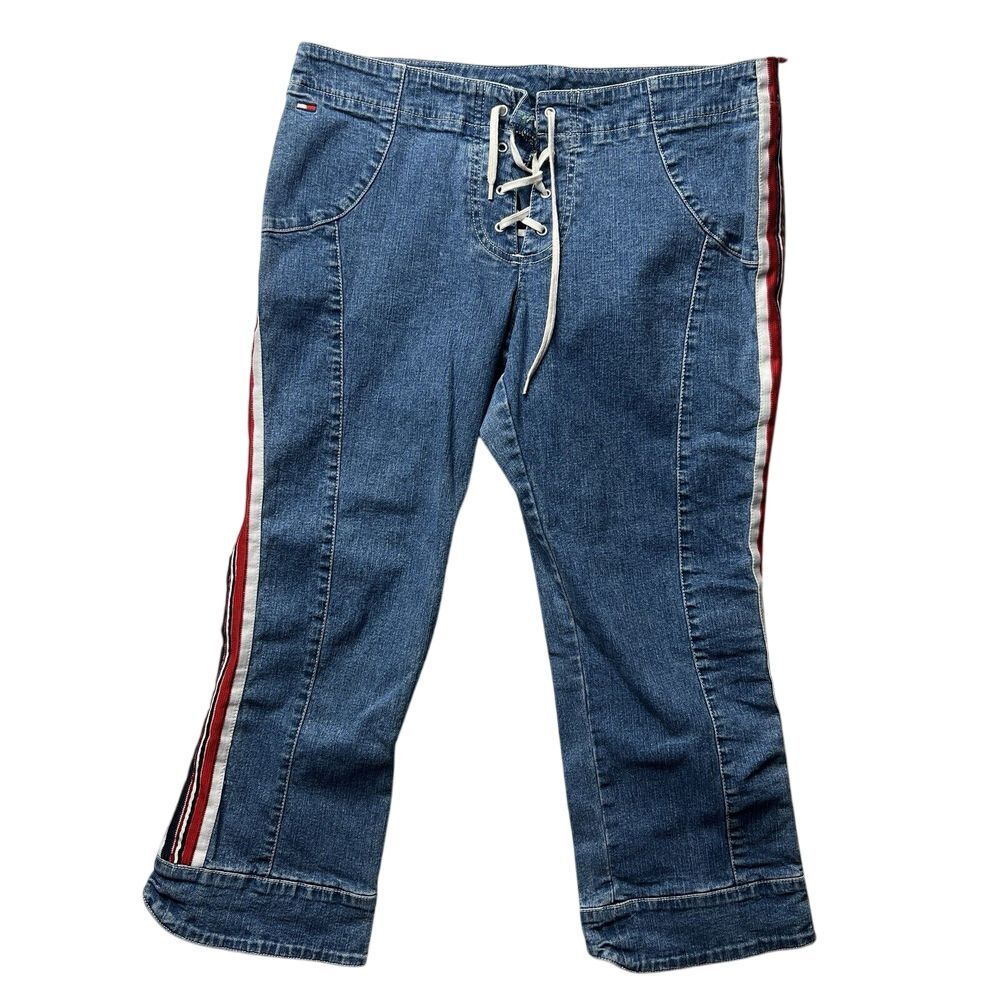 Tommy Hilfiger Lace Up‎ Crop Jeans Women's 11 Blue Side Stripe 90s Y2K